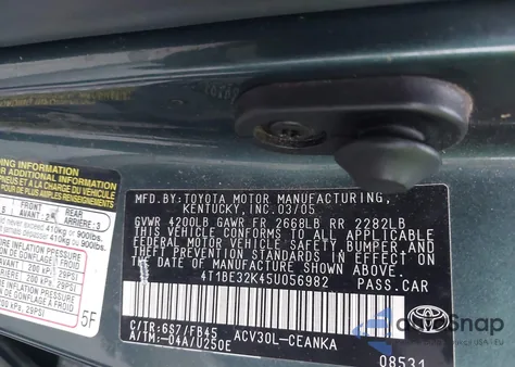 2005 Toyota Camry Le from USA, damaged, VIN 4T1BE32K45U056982